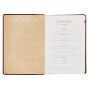 A two-tone espresso and toffee brown faux leather Bible on a white background.