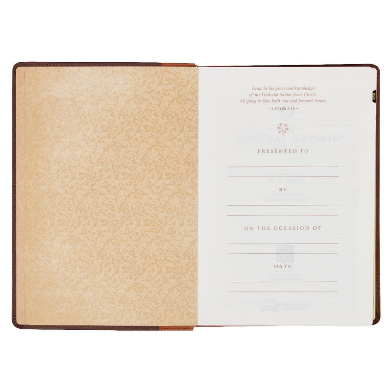 A two-tone espresso and toffee brown faux leather Bible on a white background.