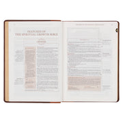 A two-tone espresso and toffee brown faux leather Bible on a white background.
