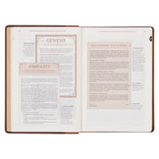 A two-tone espresso and toffee brown faux leather Bible on a white background.