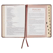 A two-tone espresso and toffee brown faux leather Bible on a white background.