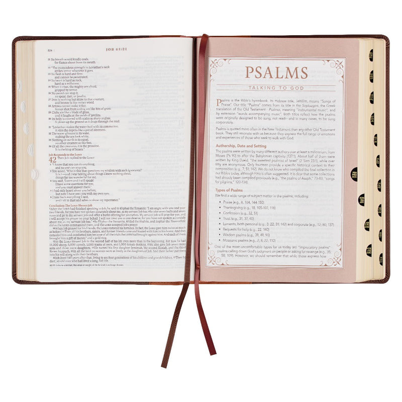 A two-tone espresso and toffee brown faux leather Bible on a white background.