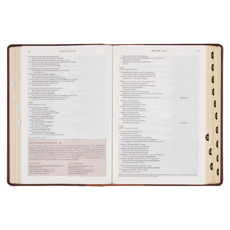 A two-tone espresso and toffee brown faux leather Bible on a white background.