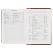 A two-tone espresso and toffee brown faux leather Bible on a white background.