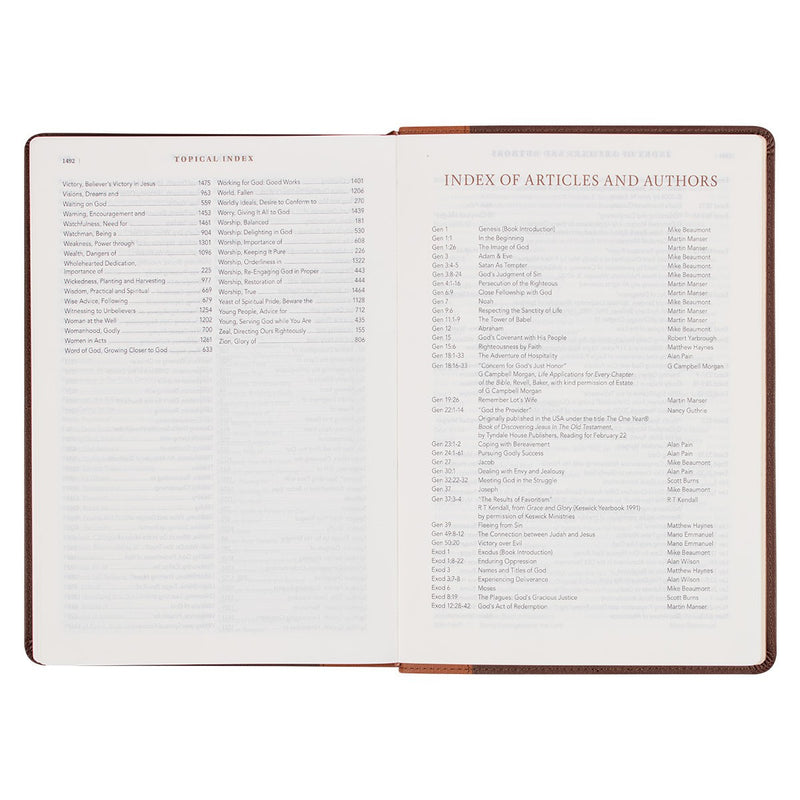 A two-tone espresso and toffee brown faux leather Bible on a white background.
