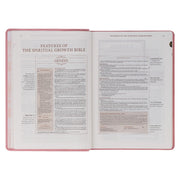 A pink faux leather Bible won a white background.