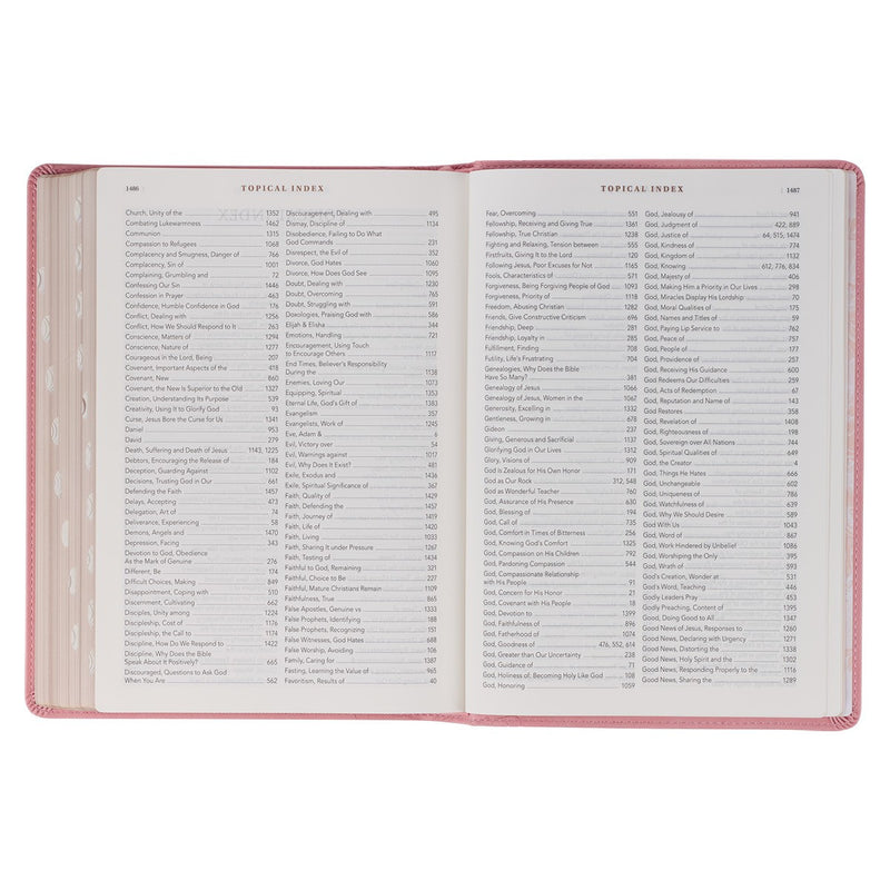 A pink faux leather Bible won a white background.