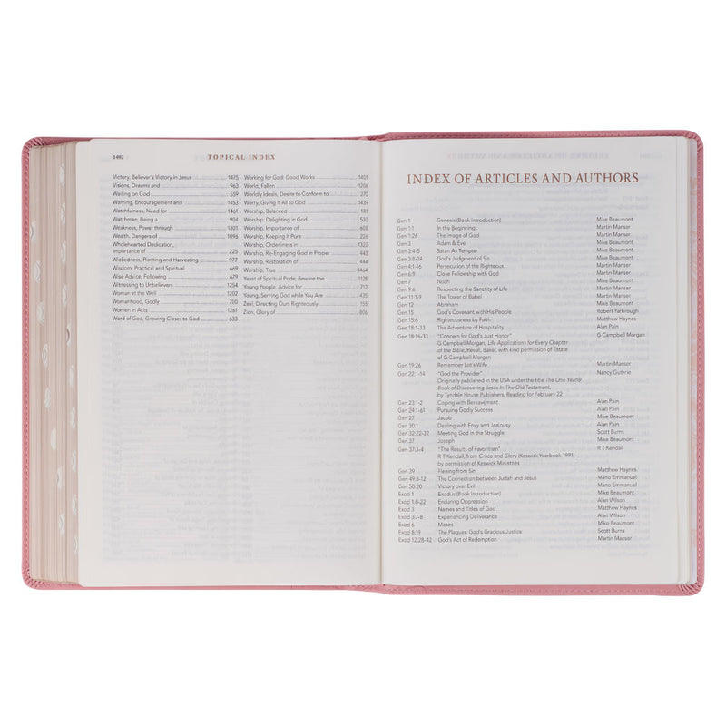 A pink faux leather Bible won a white background.