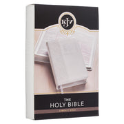 A white faux leather compact Bible with the text 'Holy Bible King James Version' debossed on the cover, featuring a quatrefoil floral design and a silver foiled title.