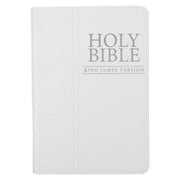 A white faux leather compact Bible with the text 'Holy Bible King James Version' debossed on the cover, featuring a quatrefoil floral design and a silver foiled title.