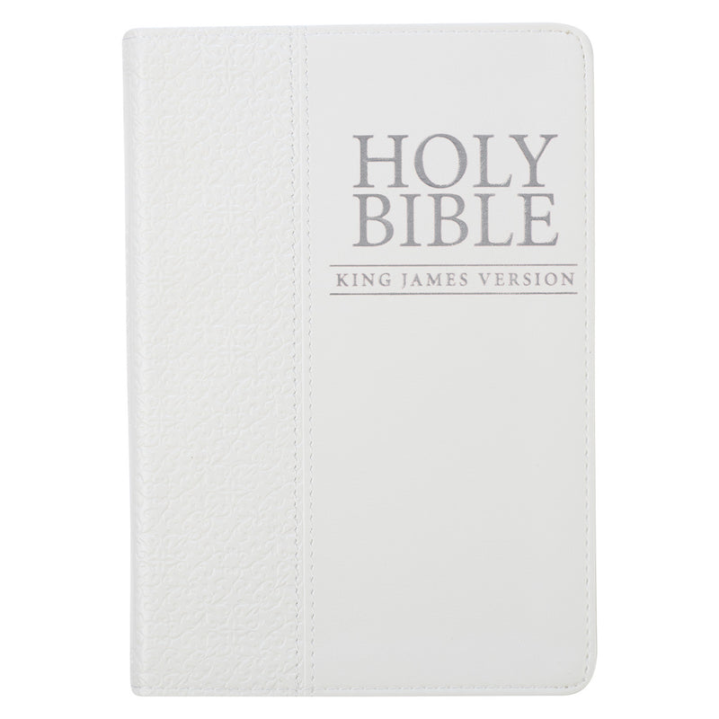 A white faux leather compact Bible with the text 'Holy Bible King James Version' debossed on the cover, featuring a quatrefoil floral design and a silver foiled title.