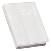 A white faux leather compact Bible with the text 'Holy Bible King James Version' debossed on the cover, featuring a quatrefoil floral design and a silver foiled title.