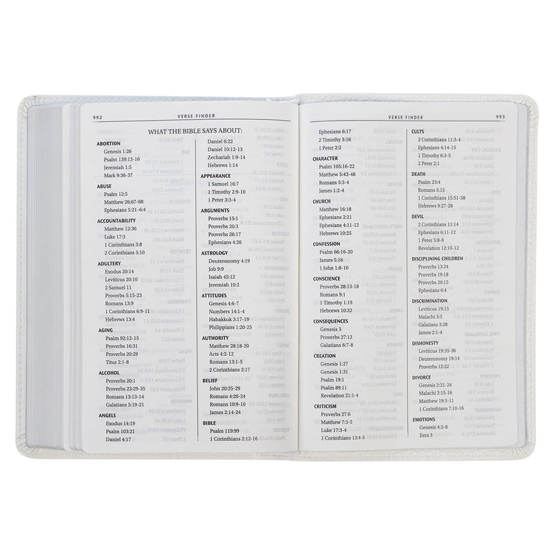 A white faux leather compact Bible with an index.