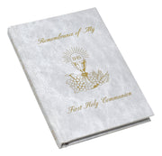 White book titled 'Remembrance of My First Holy Communion' on a white background