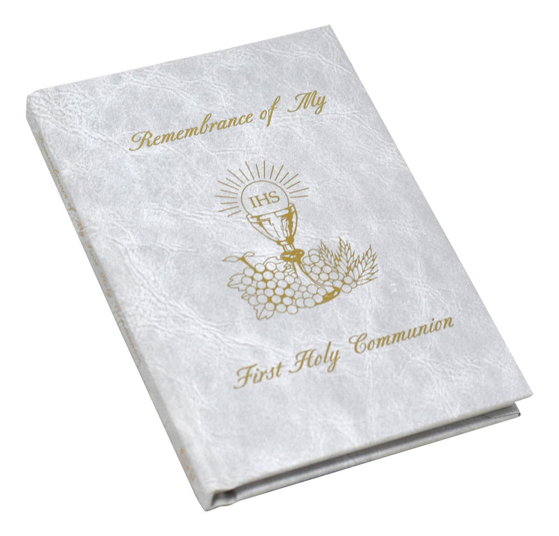 White book titled 'Remembrance of My First Holy Communion' on a white background