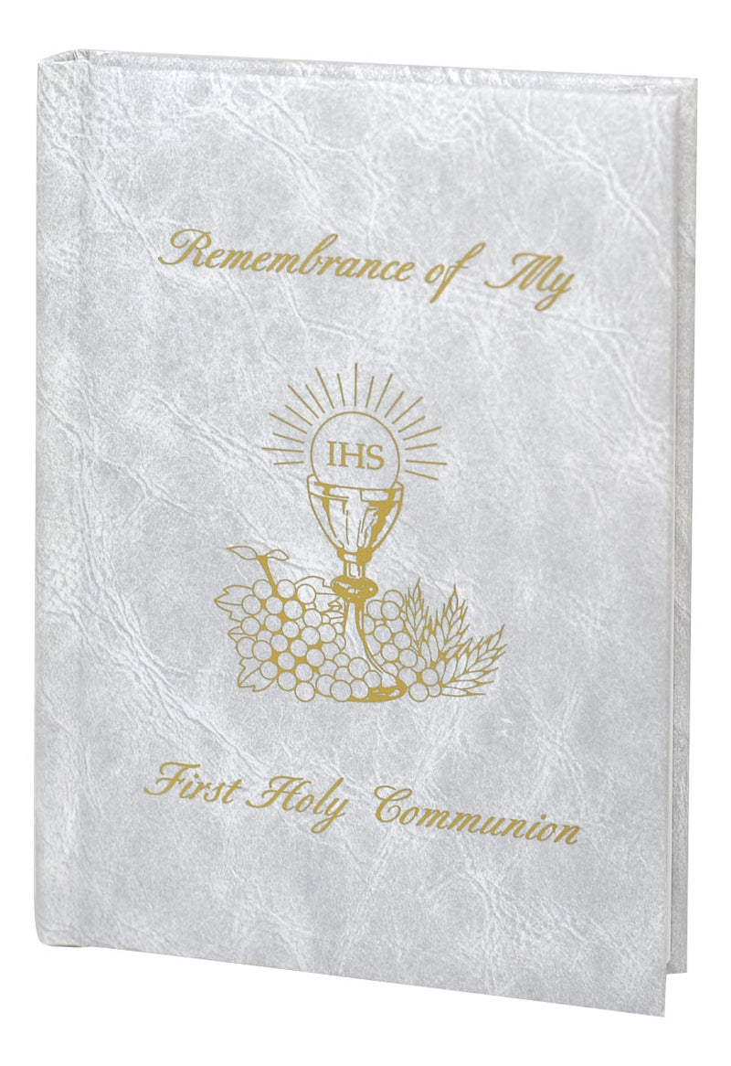 White book titled 'Remembrance of My First Holy Communion' on a white background