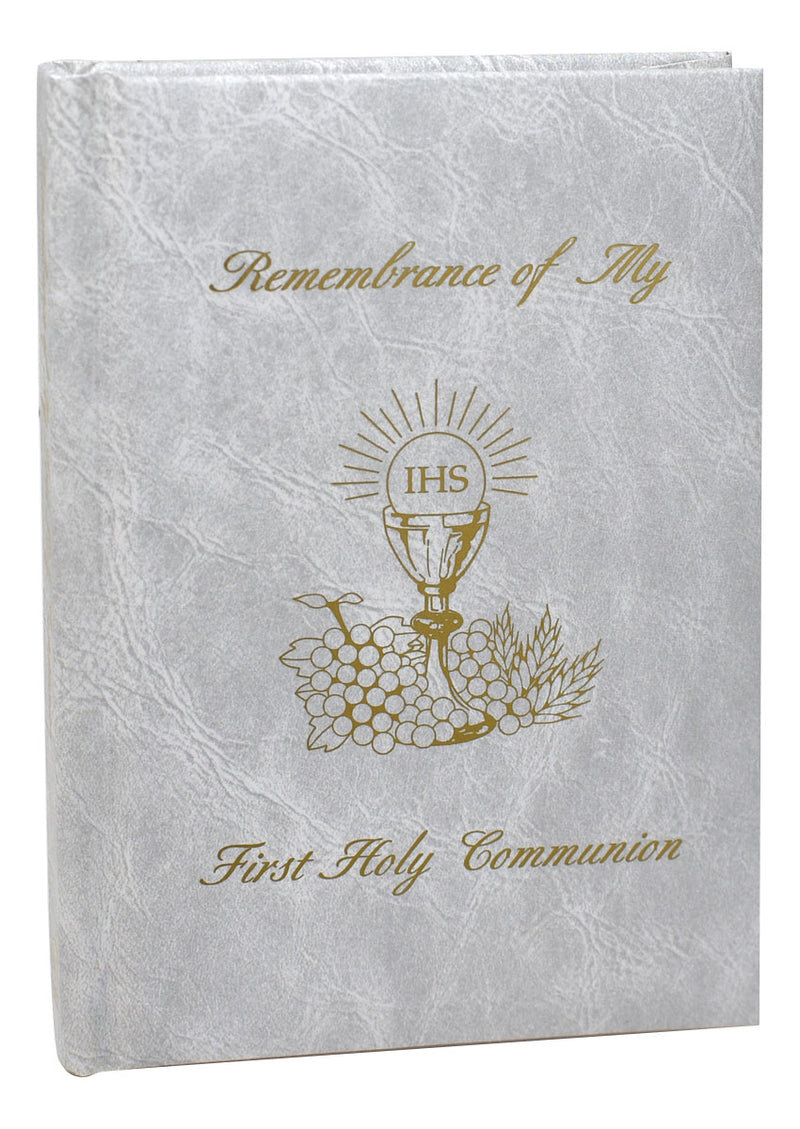 White book titled 'Remembrance of My First Holy Communion' on a white background